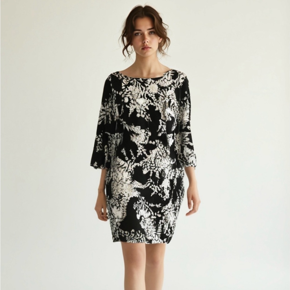 Calvin Klein Elegant Black and White Floral Dress Size 12